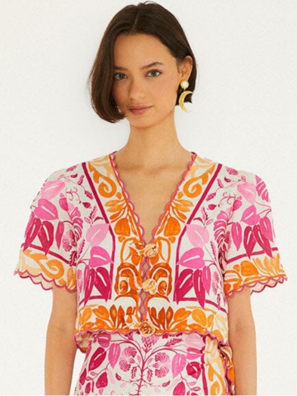 Farm Rio Santorini Short Sleeve Top in Pink & Orange m